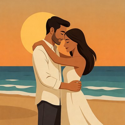 Couple embracing on beach at sunset
