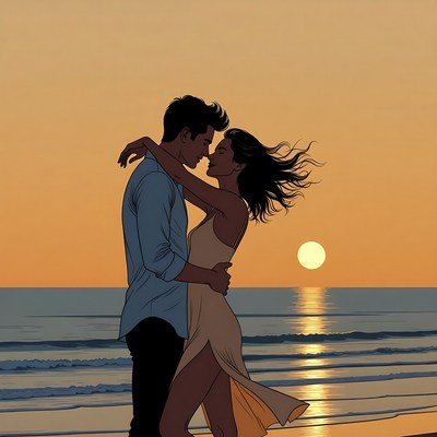 Romantic couple kissing at sunset beach