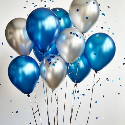 Blue and Silver Balloons with Confetti