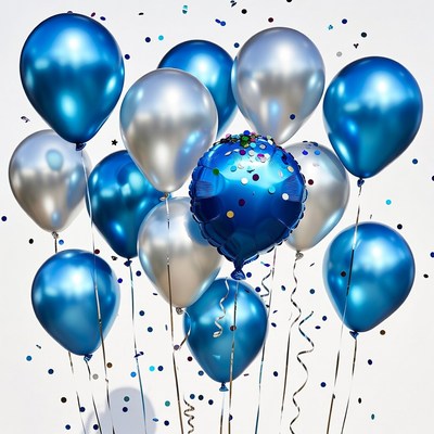 Blue and Silver Balloons with Confetti