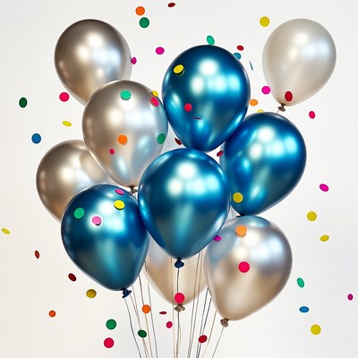 Silver and Blue Balloons with Confetti