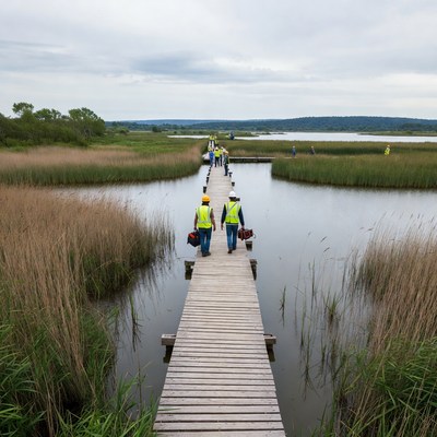 Workers walking on wooden pier