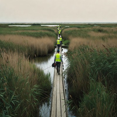 Workers walking on marsh boardwalk