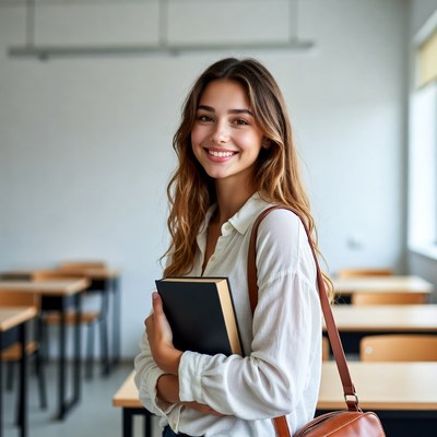 Smiling woman holding book in classroom