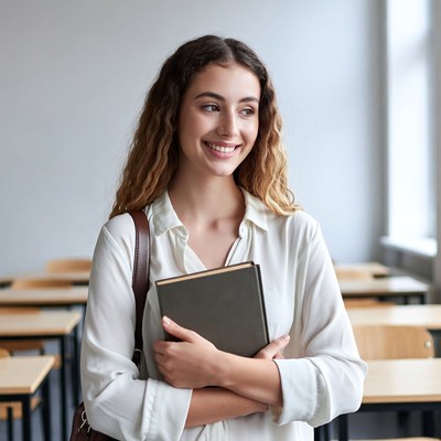 Smiling woman holding book in classroom