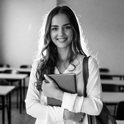 Smiling woman holding book in classroom