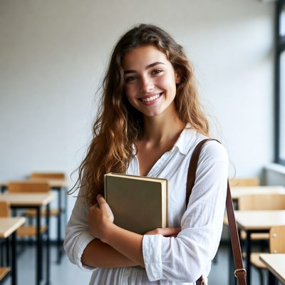 Smiling woman holding book in classroom