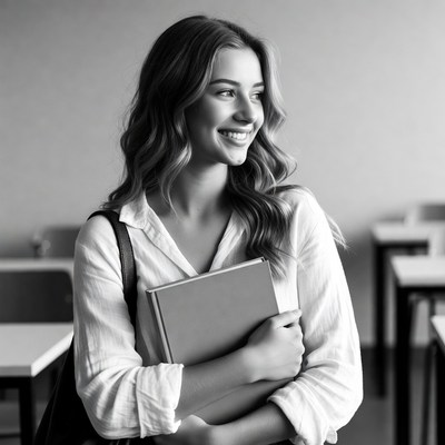 Smiling woman holding book in classroom