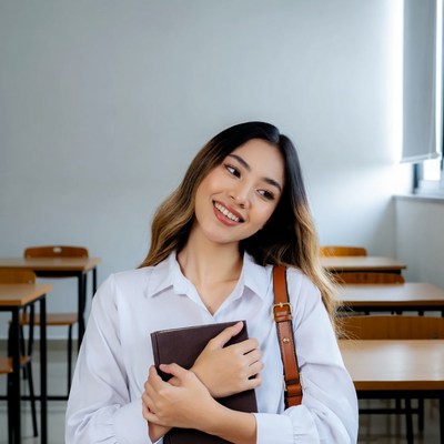 Asian woman holding book in classroom