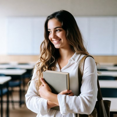 Smiling woman holding book in classroom
