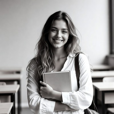 Smiling woman holding book in classroom