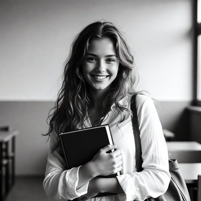 Smiling woman holding book in classroom