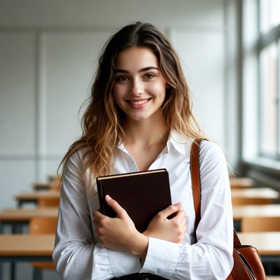 Smiling young woman holding book in classroom