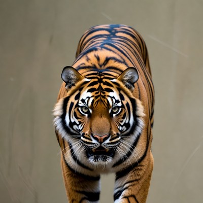 Tiger staring forward on beige background
