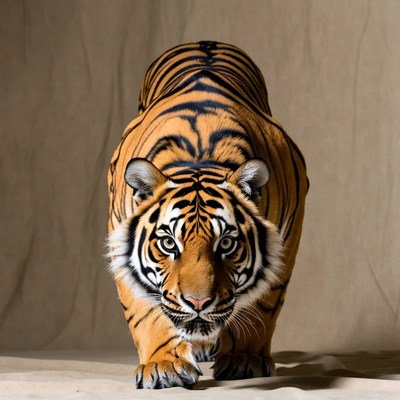 Tiger crouching on beige background
