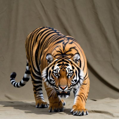 Tiger stalking on beige background