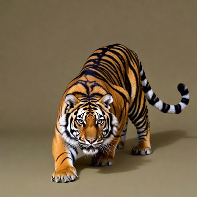 Tiger stalking on beige background