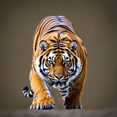 Tiger stalking forward on brown background