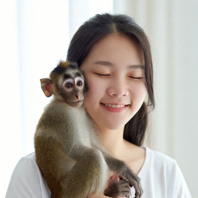 Asian woman holding baby monkey