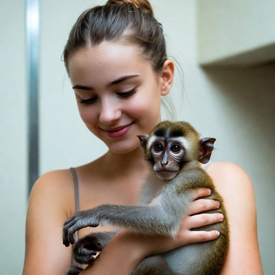 Girl holding cute monkey