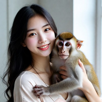 Asian woman holding monkey