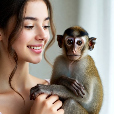 Woman holding cute macaque monkey