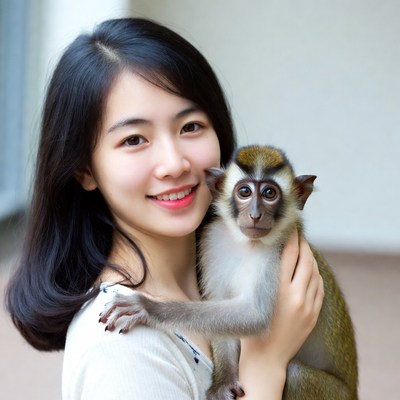 Asian woman holding monkey