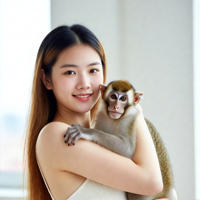 Asian woman holding monkey