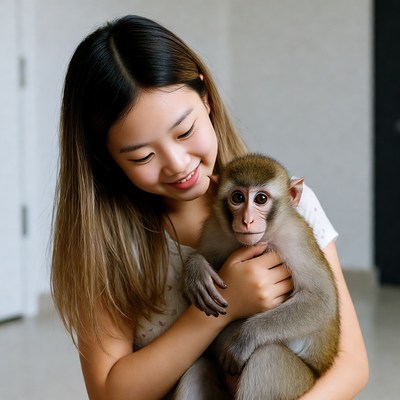 Asian girl holding baby macaque monkey