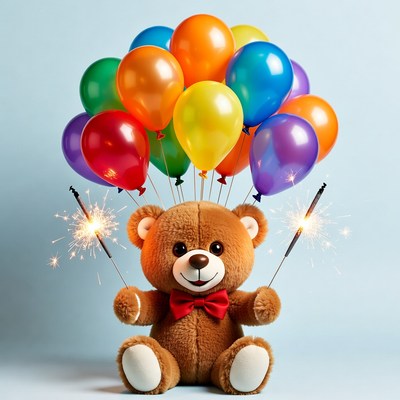 Brown teddy bear holding colorful balloons