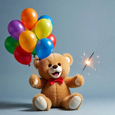 Teddy bear holding colorful balloons sparkler