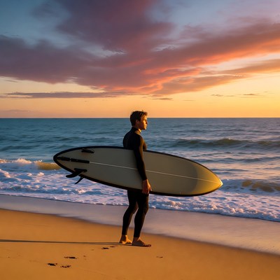 Man carrying surfboard on beach at sunset