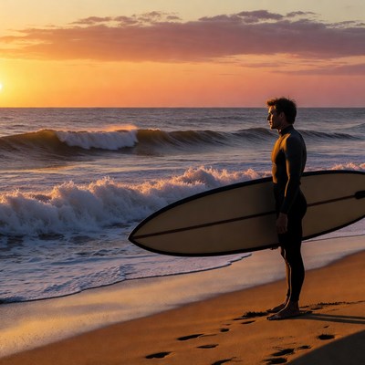 Man holding surfboard at sunset beach