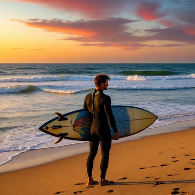 Man carrying surfboard on beach at sunset