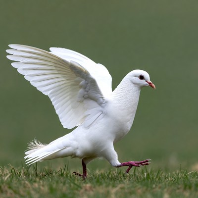 White dove spreading wings on grass