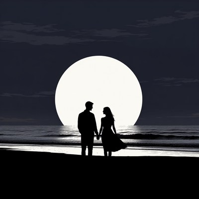 Silhouette couple holding hands by moonlit beach