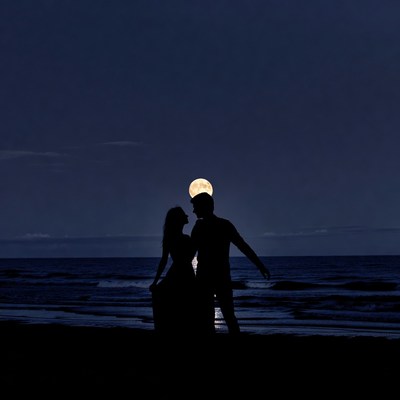 Silhouette couple embracing under moonlit ocean
