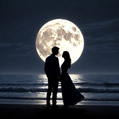 Silhouette couple embracing before full moon beach