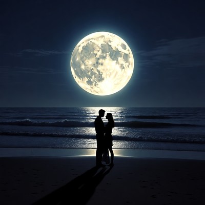 Silhouette couple embracing beach moon