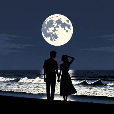 Silhouette couple holding hands beach moon