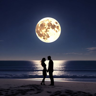 Silhouette couple embracing beach full moon