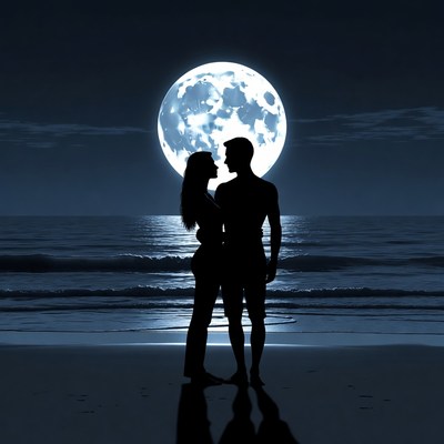 Silhouette couple embracing by moonlit ocean