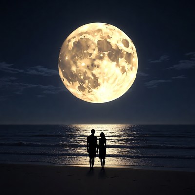 Silhouette couple watching moon over beach