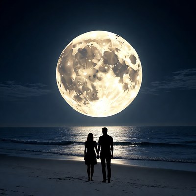 Silhouette couple viewing giant moon beach