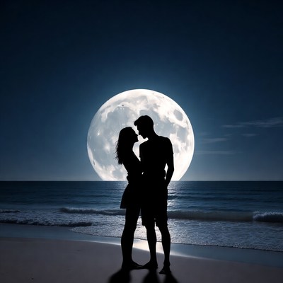 Silhouette couple kissing under moonlit beach
