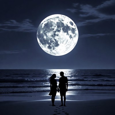 Silhouette couple gazing at moonlit beach
