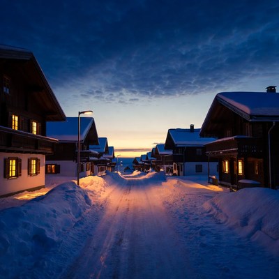 Snowy Chalet Village Street at Twilight