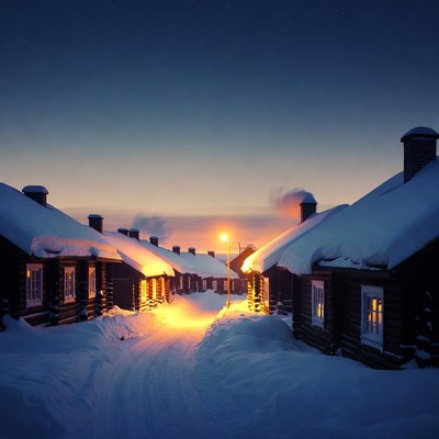 Snowy Wooden Cottages at Night