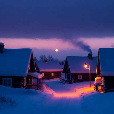 Snowy Wooden Cottages Under Moonlight