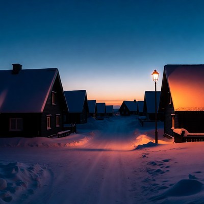 Snowy Cottages with Street Lamp at Twilight